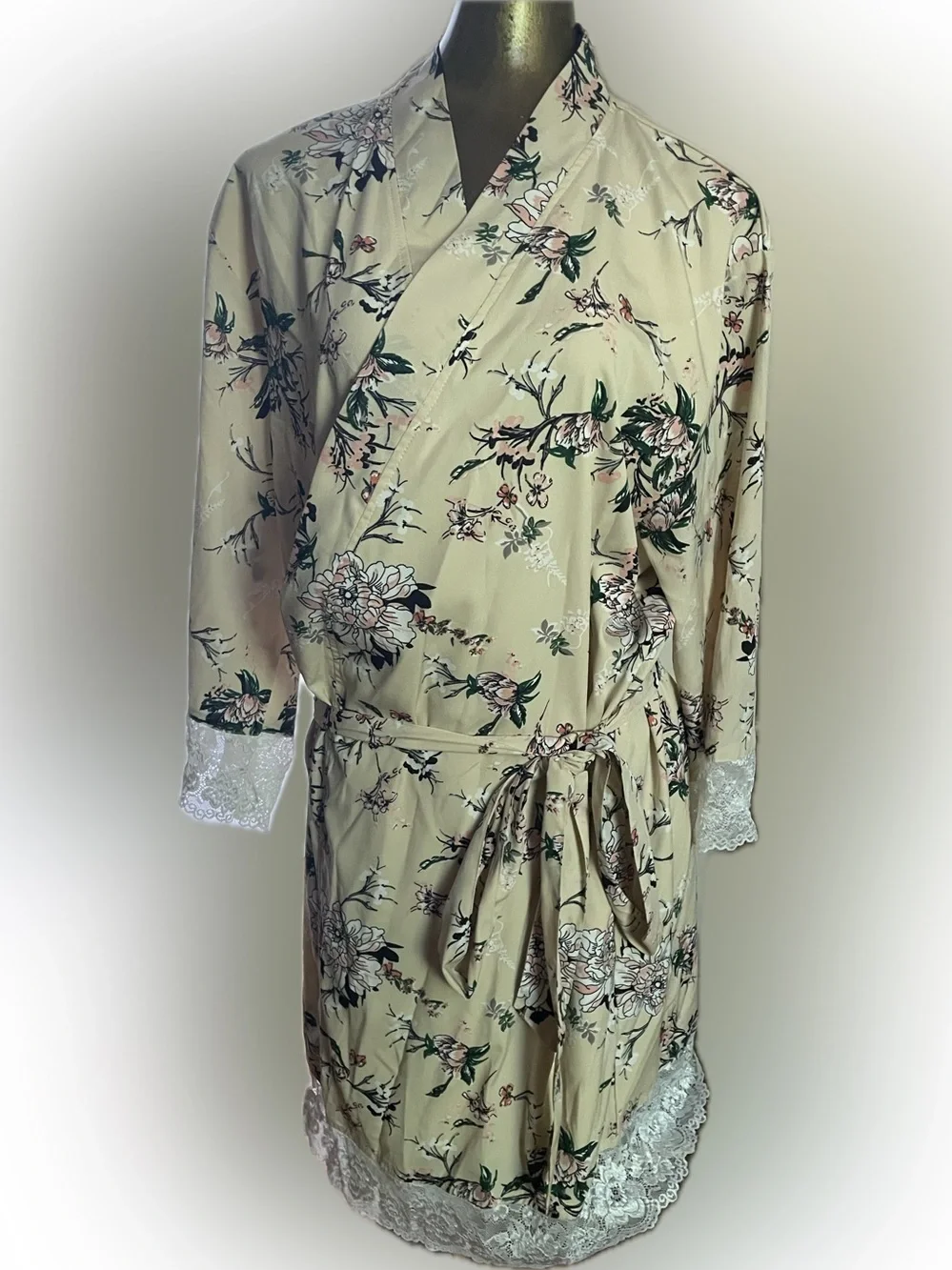 Beautiful Silken Floral Rose & Cream wrap robe with green accents, & lace trim